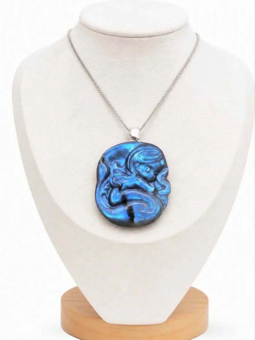 Natural Labradorite Carved Sleeping Mermaid Pendant Necklace